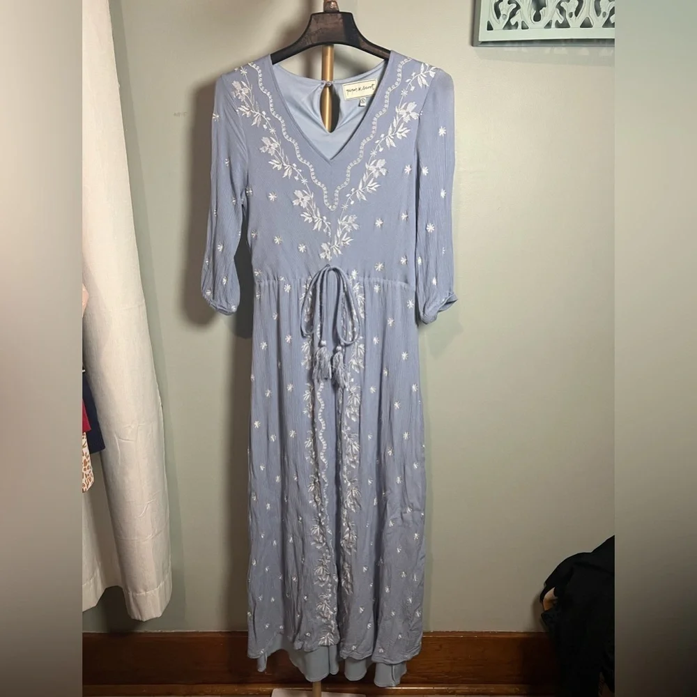 Piper Blue Dress with V-Neck and 3/4 Bishop Sleeves - Picture 1 of 4